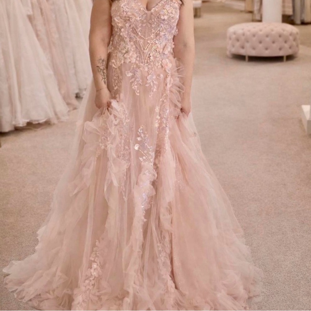 Blush Pink Floral Appliqué Tulle Ball Gown